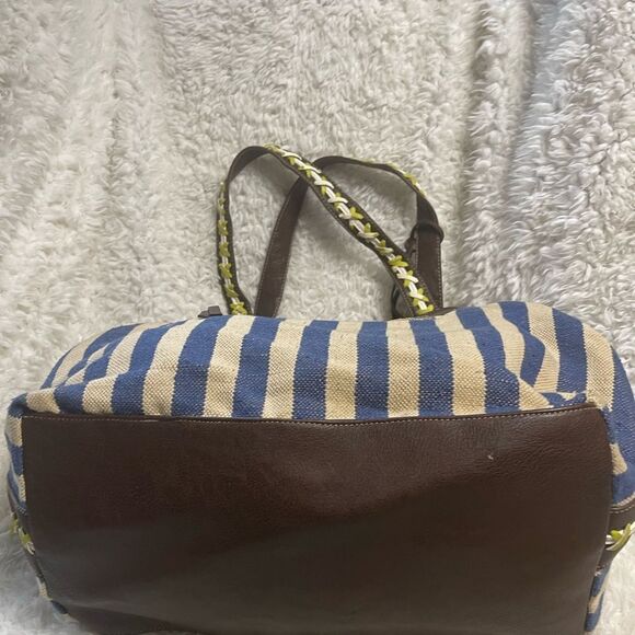 Big Buddha navy Blue &Beige stripes Fabric Large Tote Bag synthetic brown straps - Picture 7 of 16